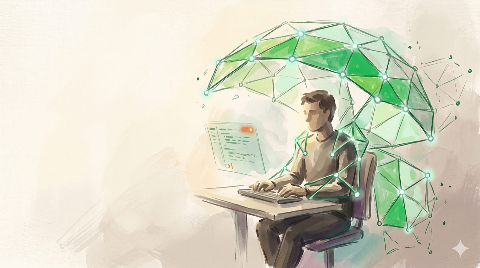 Developer coding inside a green crystalline agentic harness